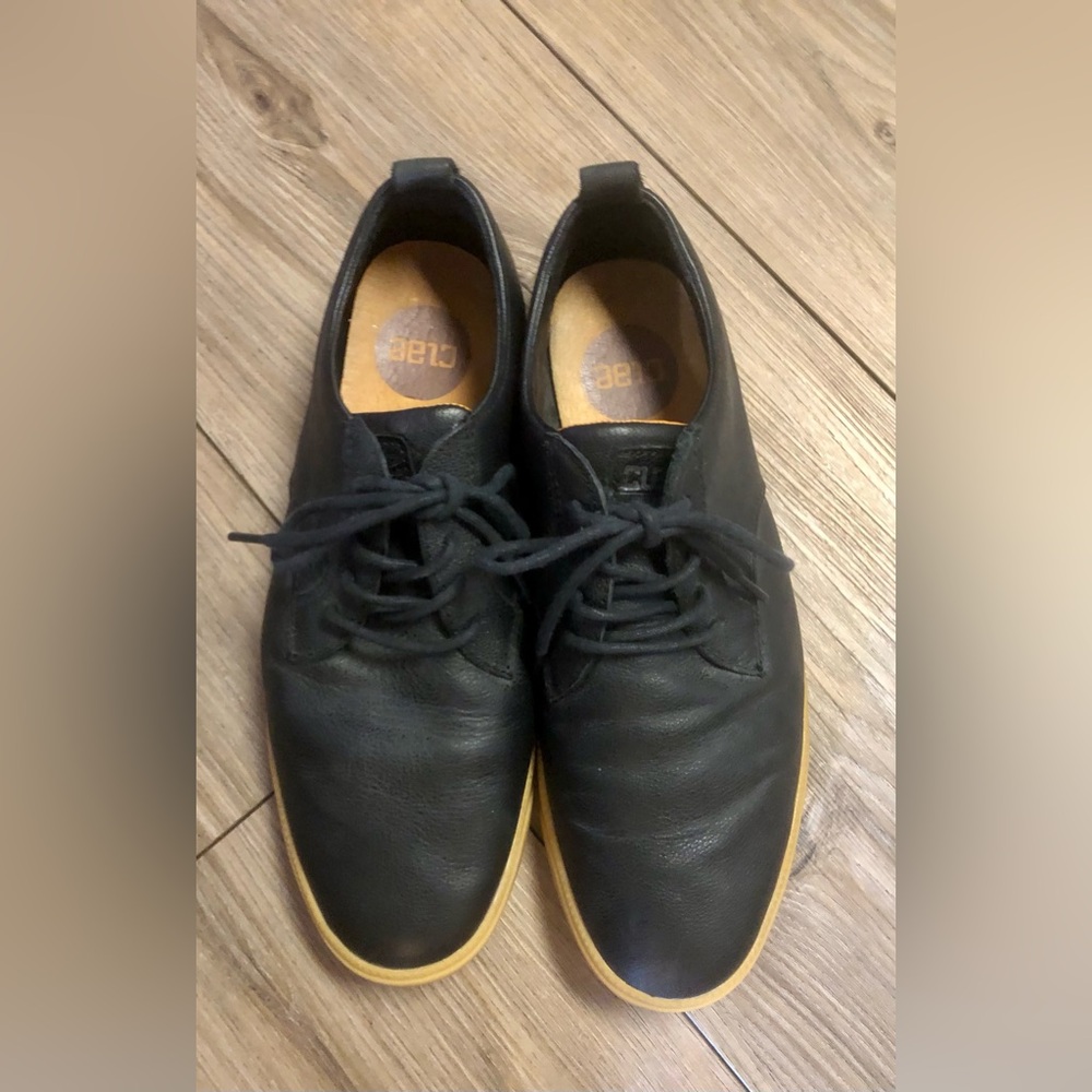 Clae Men's Black Leather Oxfords with Tan Soles